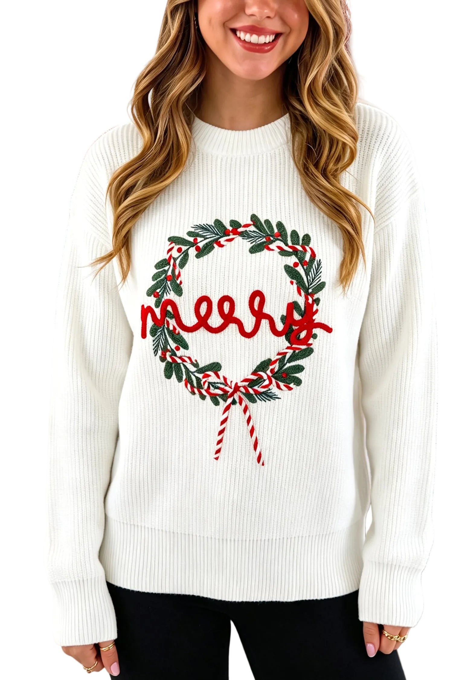 White Christmas Wreath Pattern Round Neck Casual Sweater