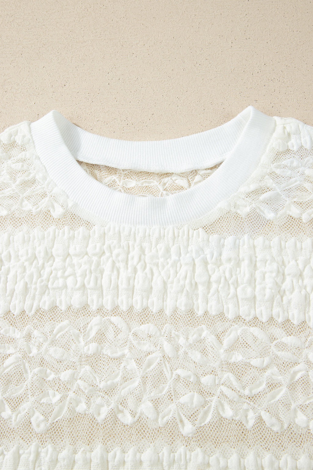 White Sheer Lace Textured Patchwork Short Sleeve Top