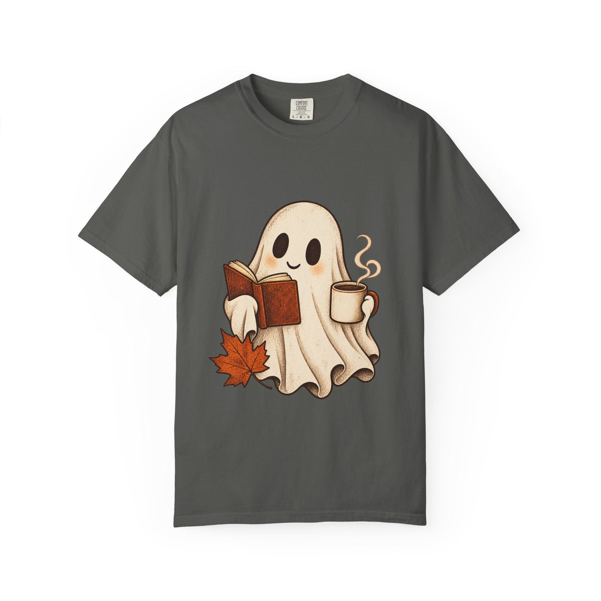 Antrezil Cozy Reading Ghost Illustration T-shirt | Autumn Book Coffee,
