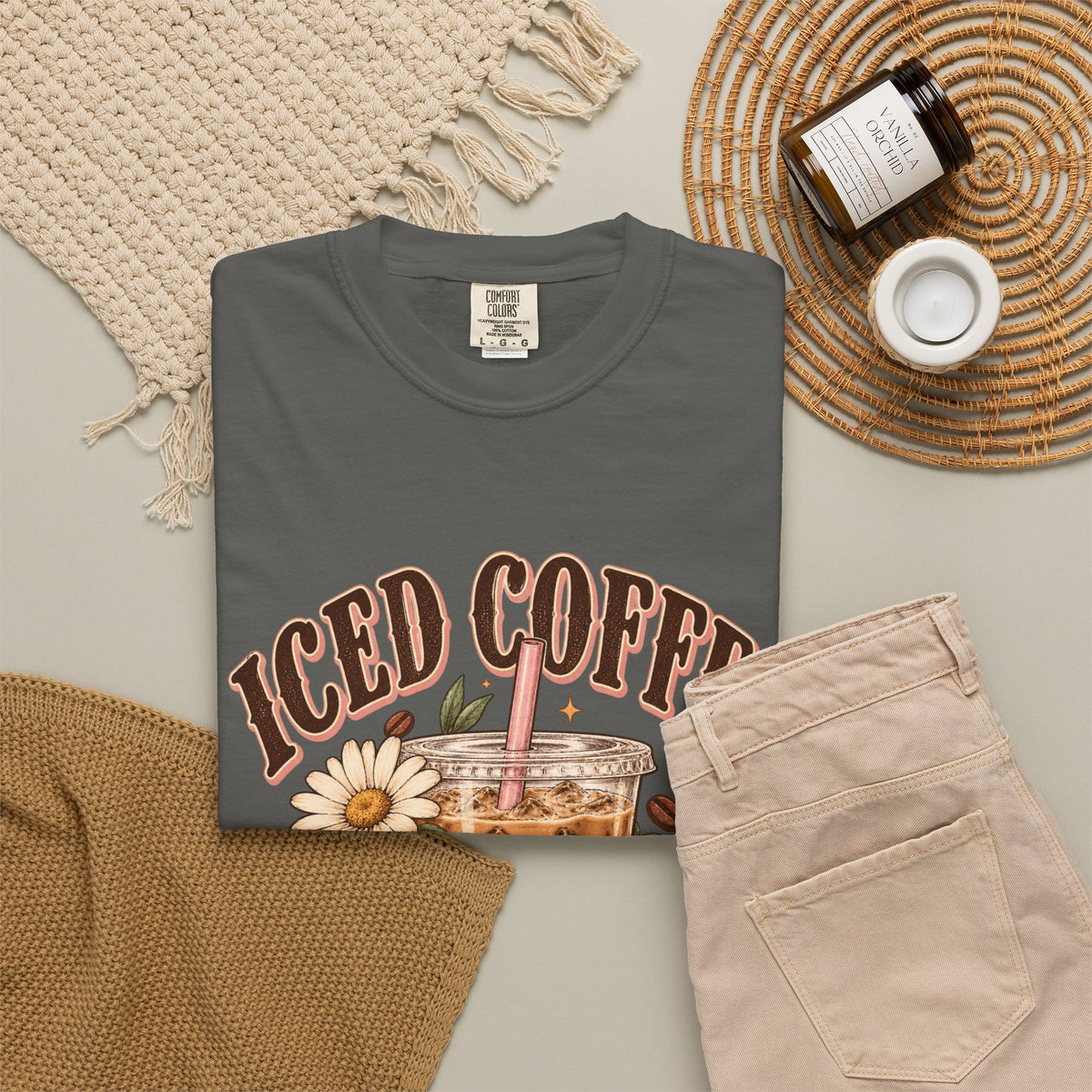 Iced Coffee Glass with Daisies T-shirt | Cute Coffee Illustration