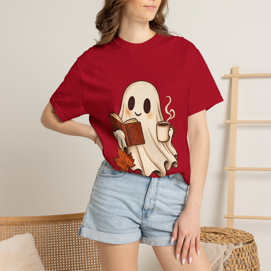 Antrezil Cozy Reading Ghost Illustration T-shirt | Autumn Book Coffee,