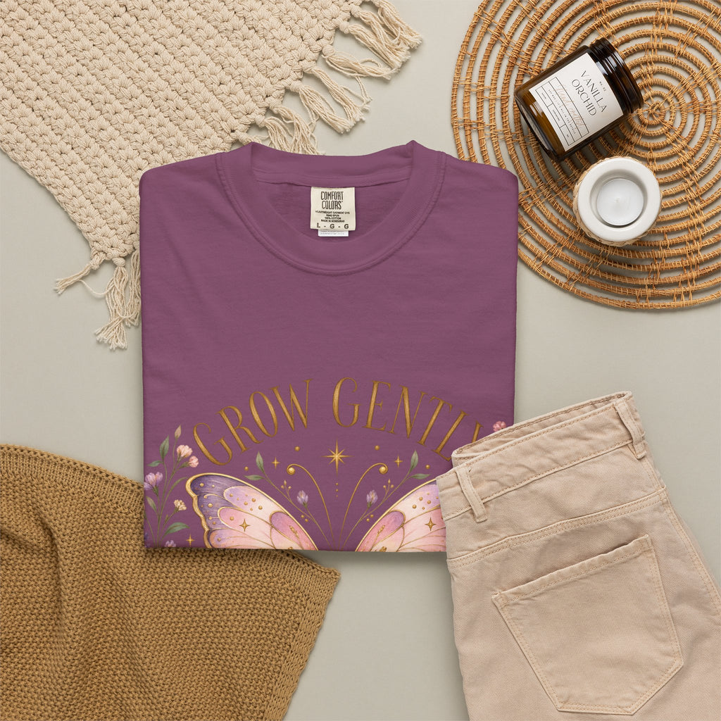 Grow Gently Bloom Brightly Butterfly Floral T-Shirt made-to-order Cotton