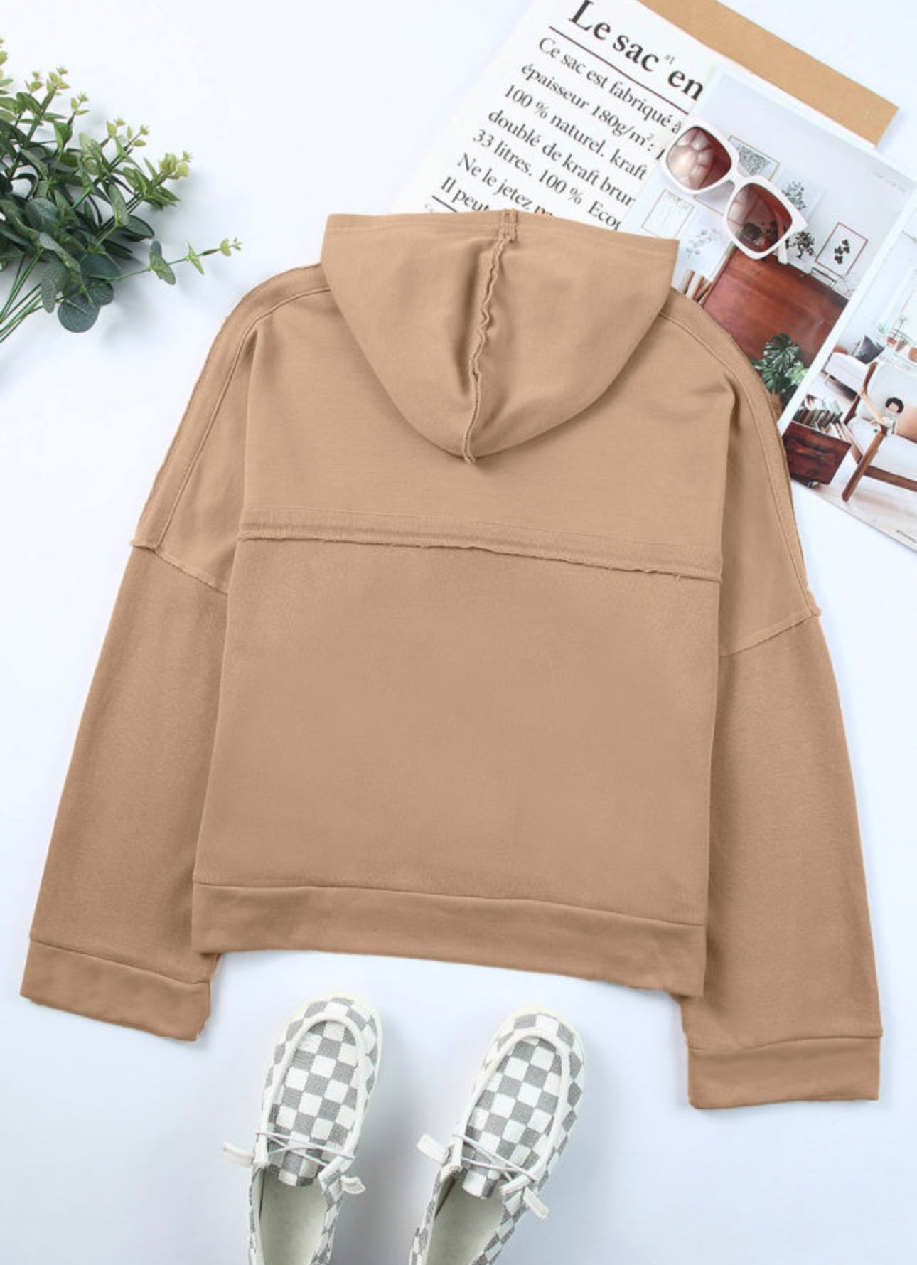 Khaki Casual Hoodie - Long Sleeve Button Seam Trim Solid Color Hooded Sweatshirt for Everyday Wear
