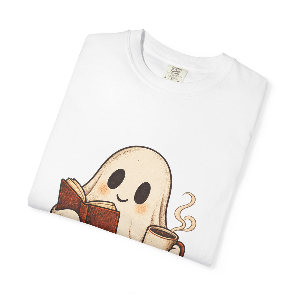 Antrezil Cozy Reading Ghost Illustration T-shirt | Autumn Book Coffee,