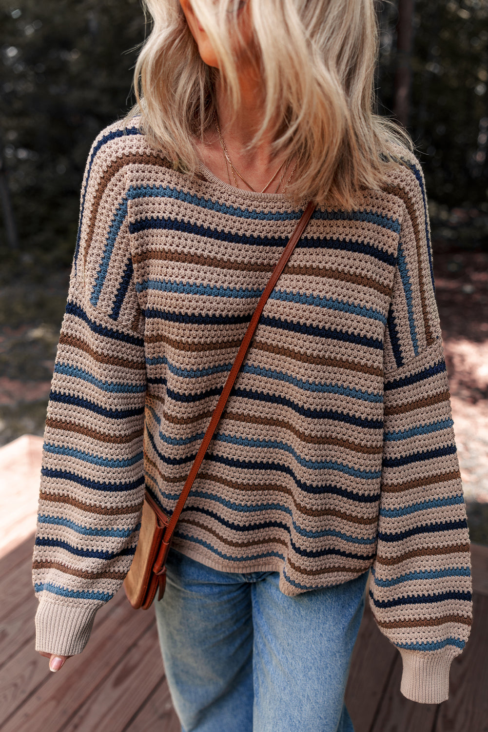Multicolour Striped Knitted Drop Shoulder Crew Neck Sweater