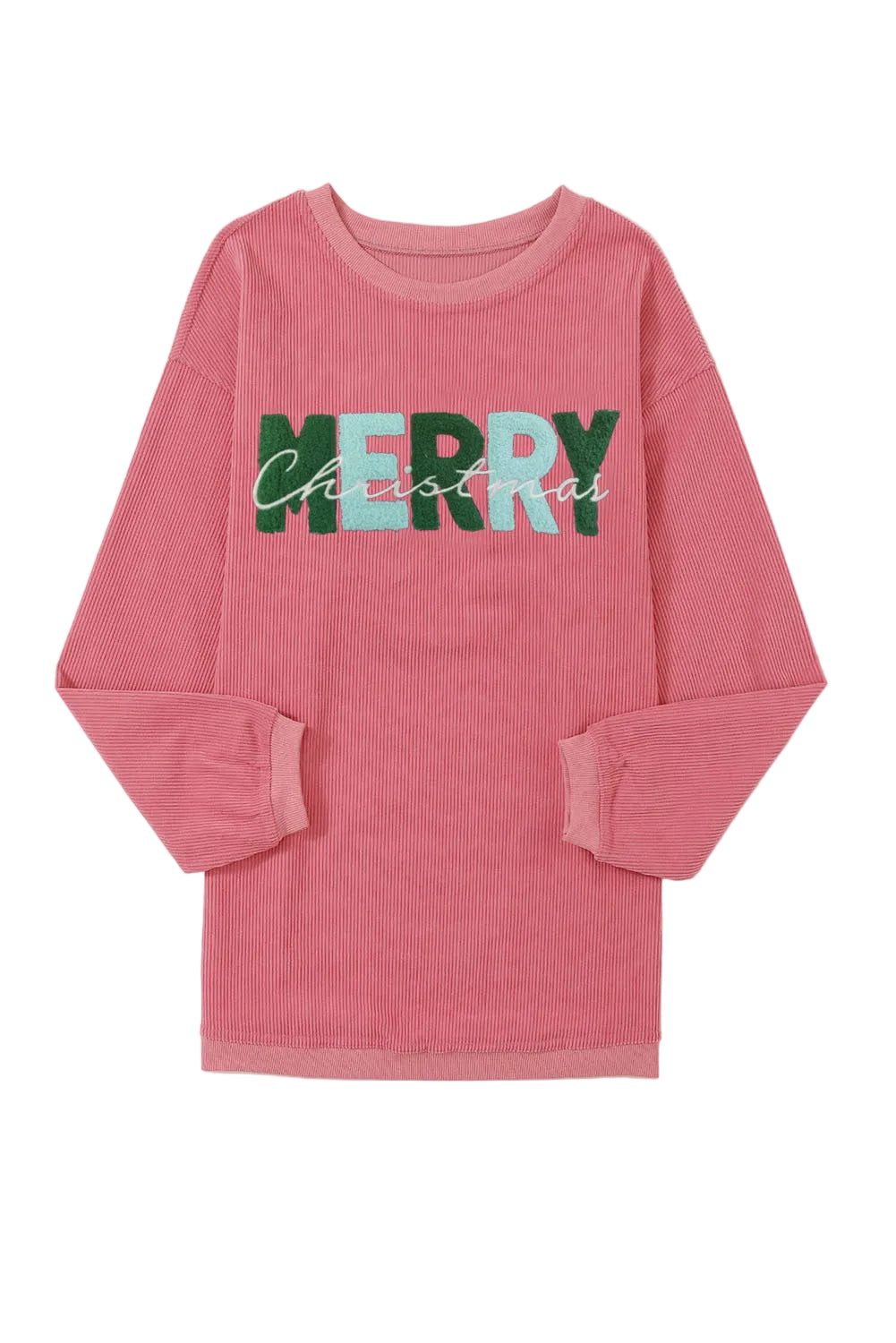 Strawberry Pink MERRY Christmas Chenille Embroidered Corded Sweatshirt