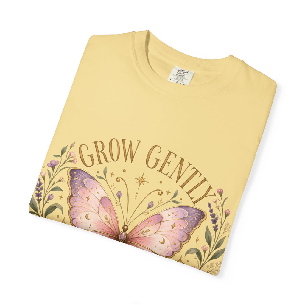 Grow Gently Bloom Brightly Butterfly Floral T-Shirt made-to-order Cotton