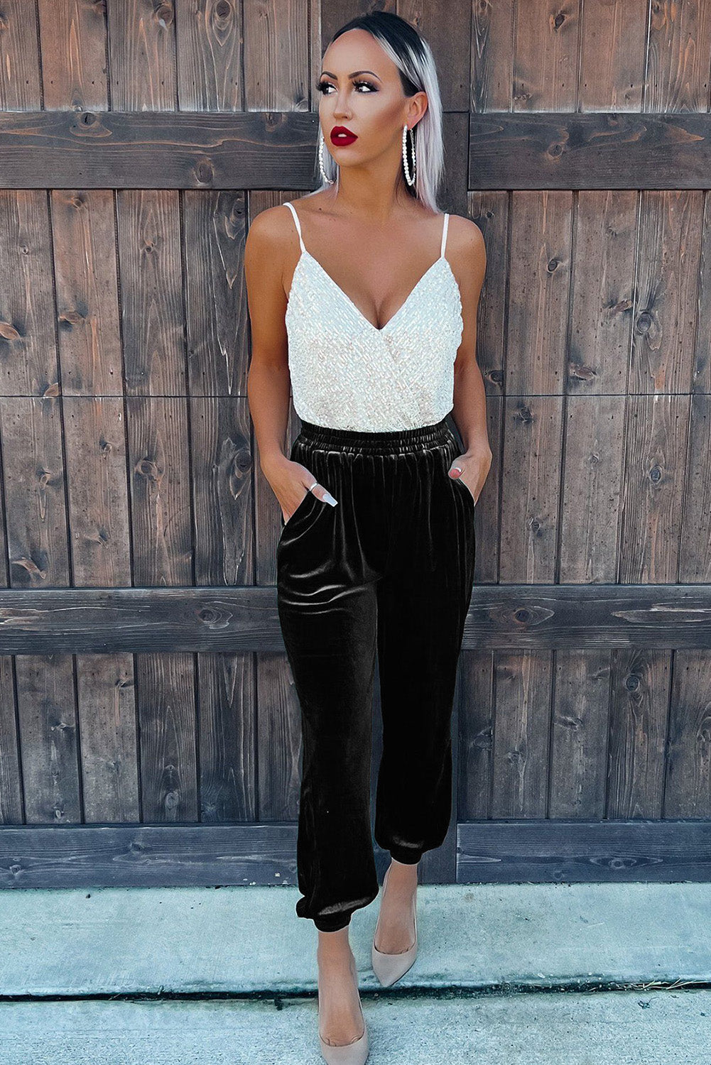Black Vintage Pocket Velvet Jogger Pants