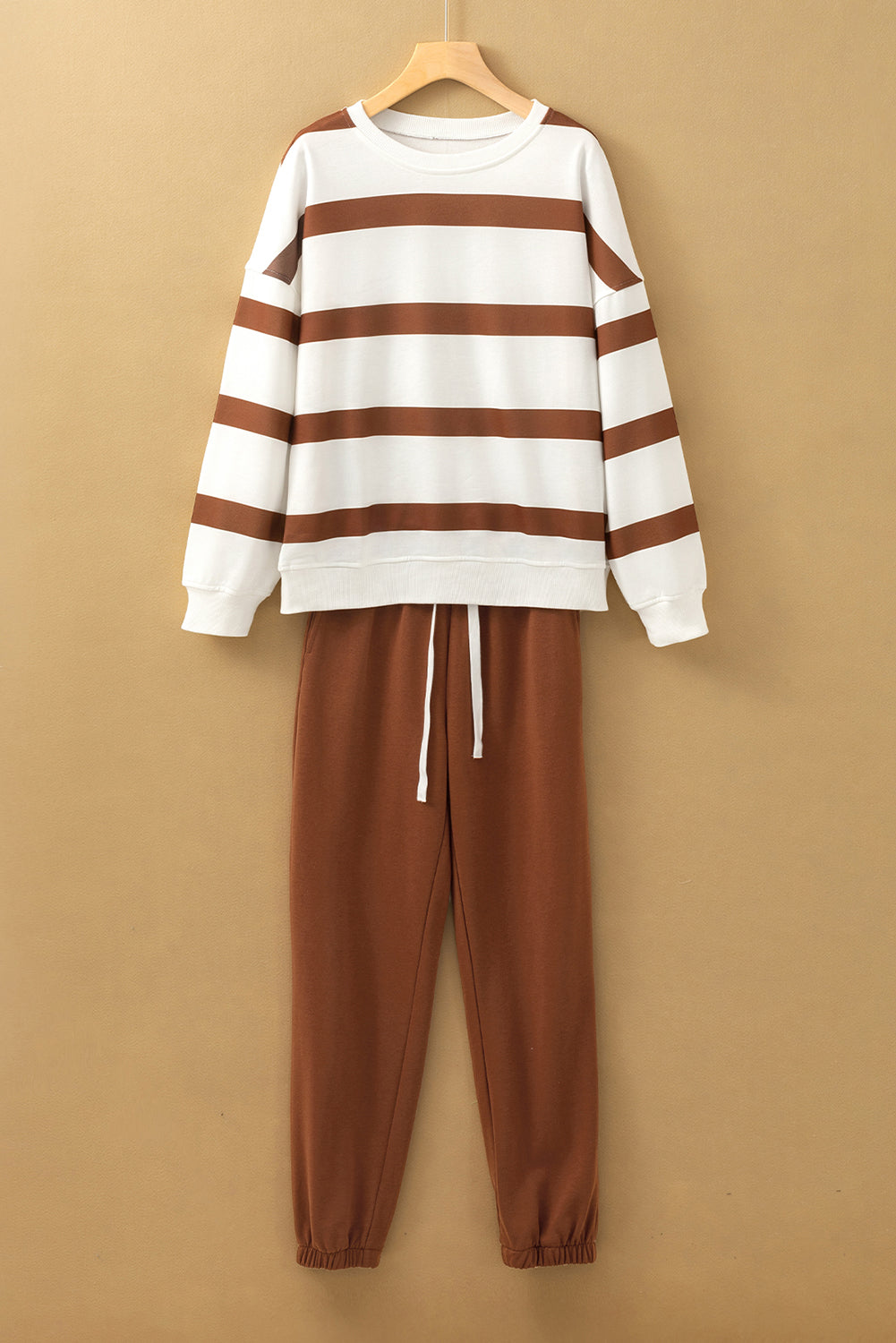 Brown Striped Drop Shoulder Pullover and Joggers Set