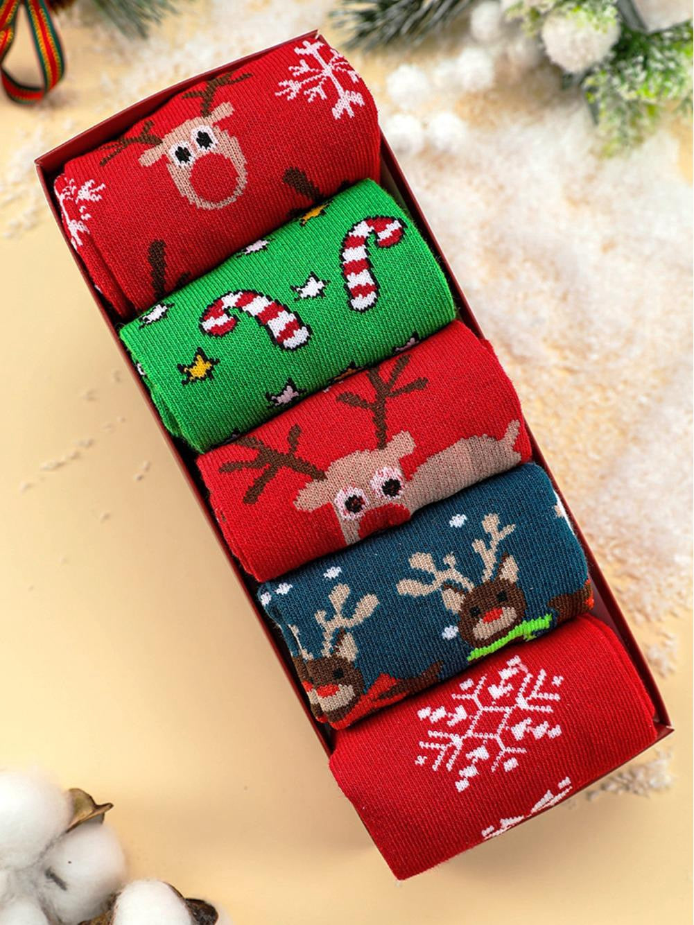 Christmas Socks Set 5 Pairs Cartoon Soft One Size Comfy Womenswear Gift Ideas Warm Holiday Season