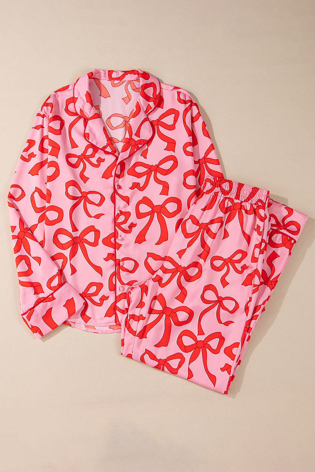 Pink Allover Bow Print Button Up and Loose Pants Pajama Set