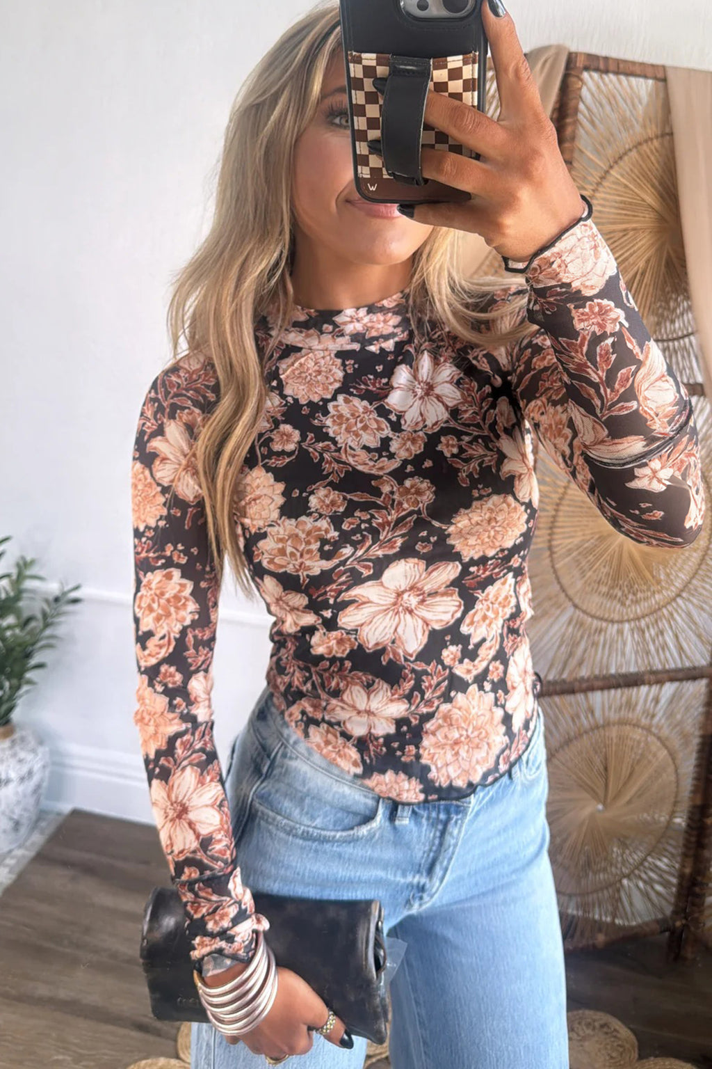Black Floral Print Mesh Mock Neck Long Sleeve Top