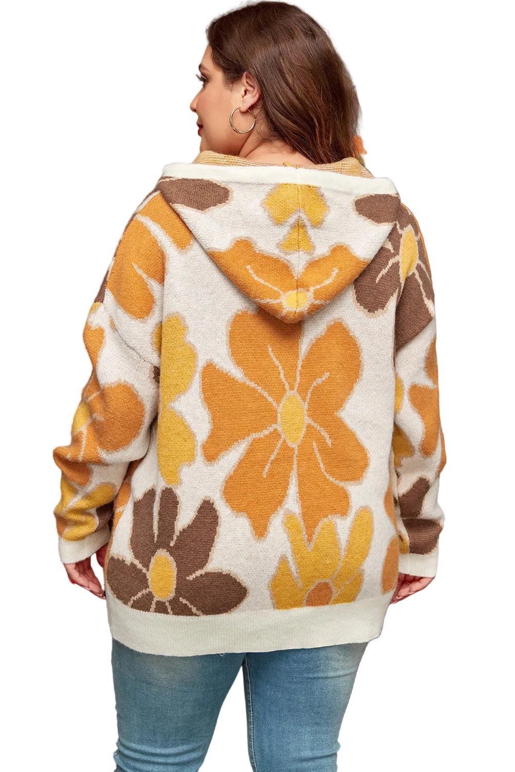 White Large Flower Knitted Drawstring Hooded Plus Size Sweater