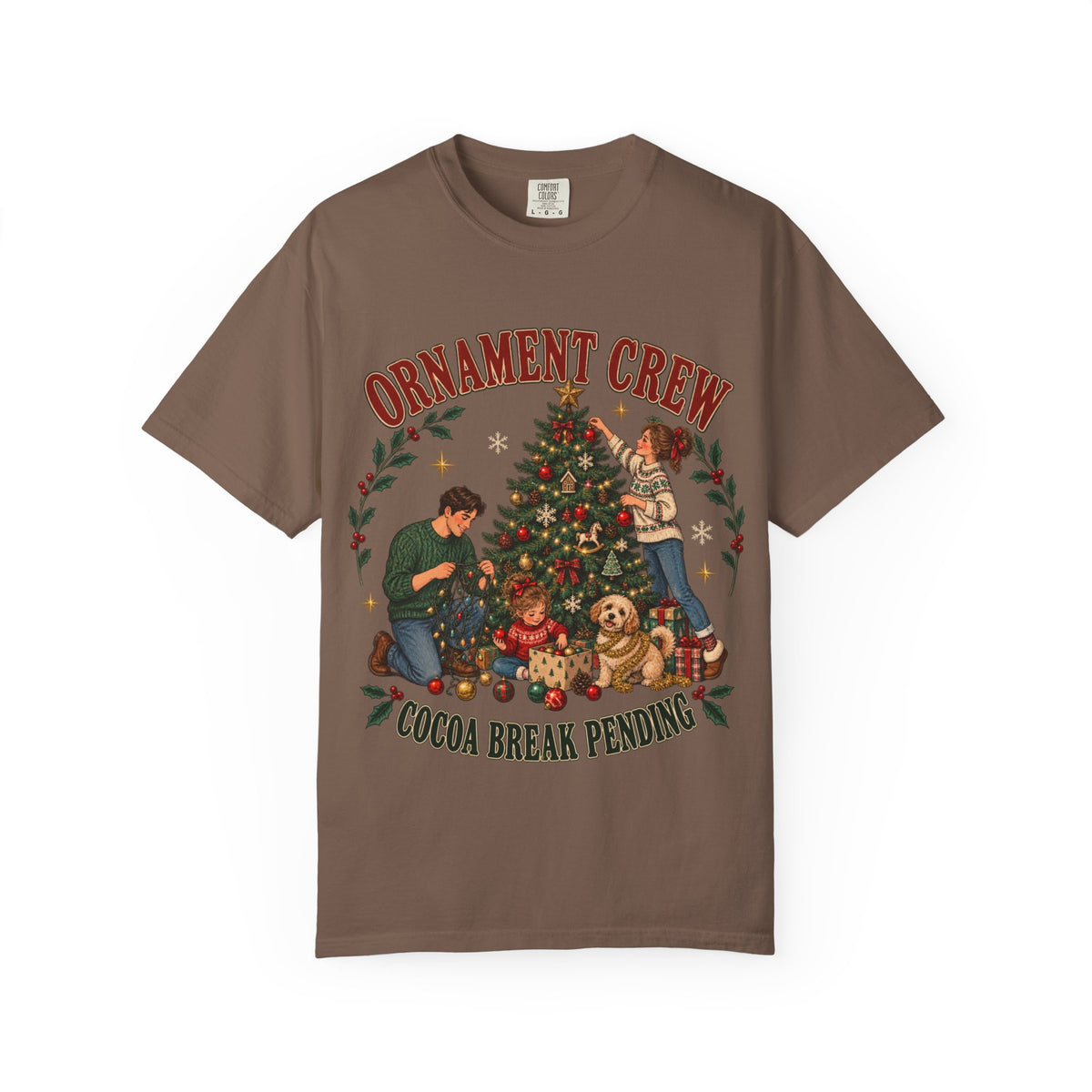 Ornament Crew Christmas Tree scene T-shirt | Cocoa Break Pending, family holiday tee