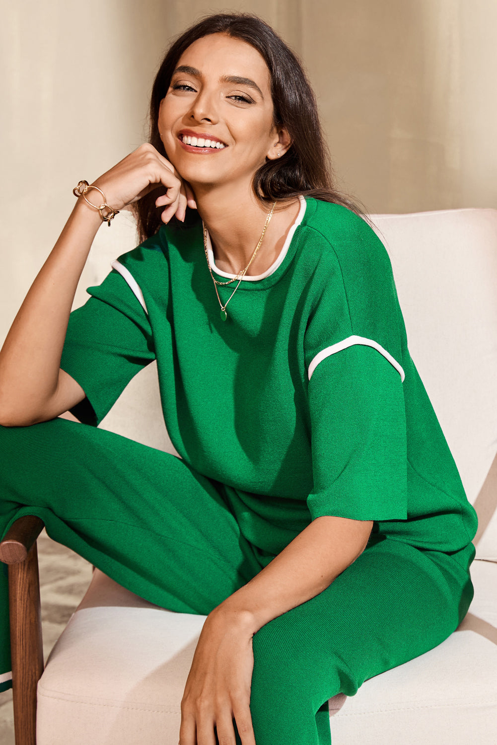 Blackish Green Contrast Trim Half Sleeve Top Drawstring Pants Loose 2pcs Sweater Suit