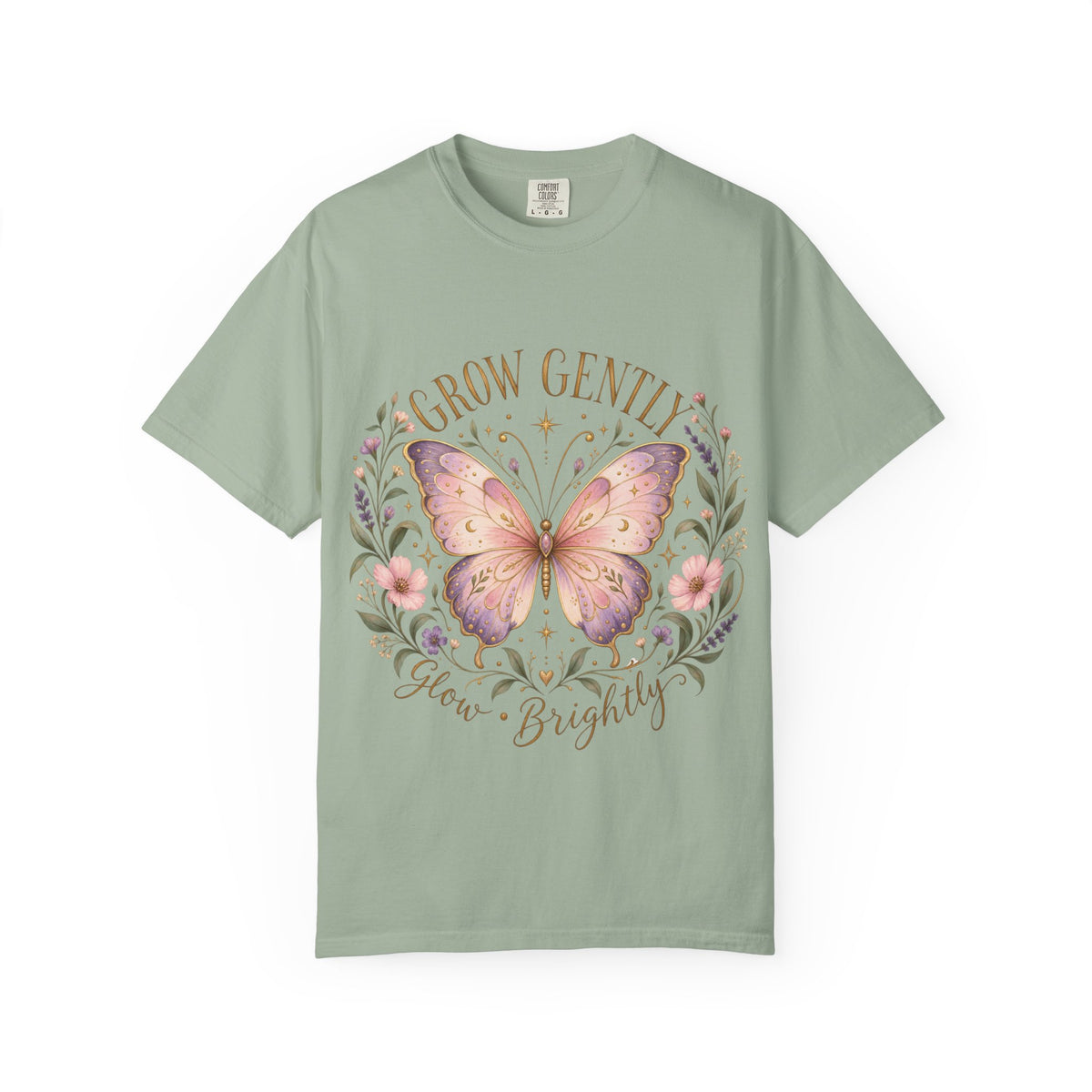 Grow Gently Bloom Brightly Butterfly Floral T-Shirt made-to-order Cotton