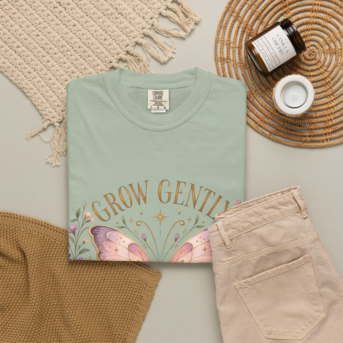 Grow Gently Bloom Brightly Butterfly Floral T-Shirt made-to-order Cotton