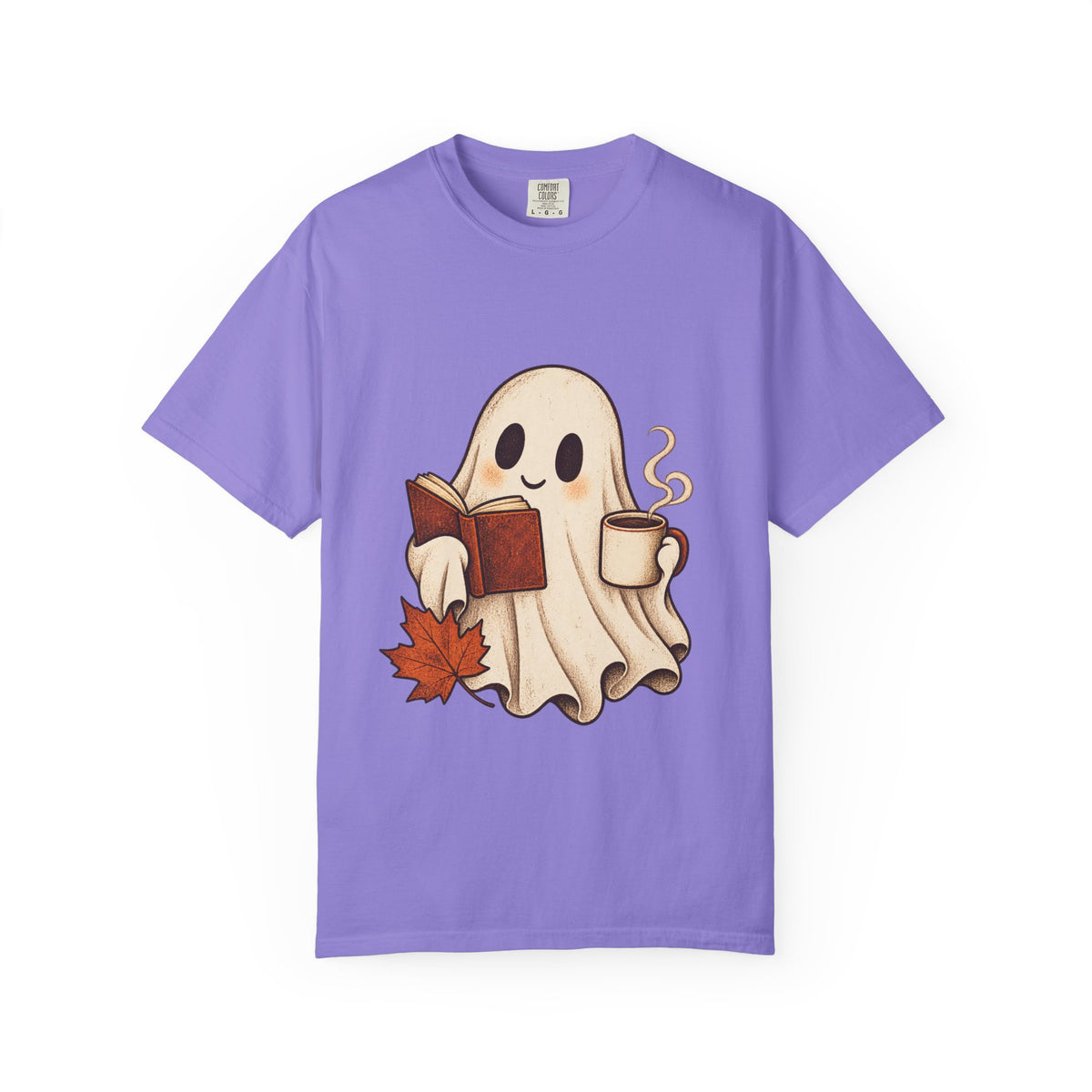 Antrezil Cozy Reading Ghost Illustration T-shirt | Autumn Book Coffee,