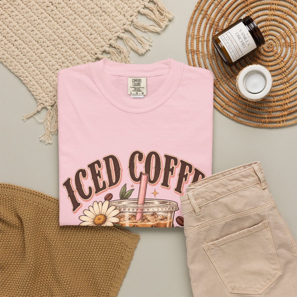 Iced Coffee Glass with Daisies T-shirt | Cute Coffee Illustration