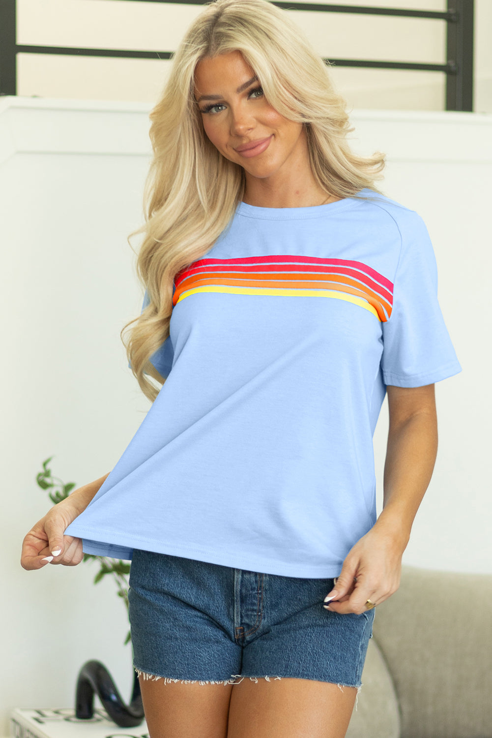 Blue Striped Patch Front Casual Tee