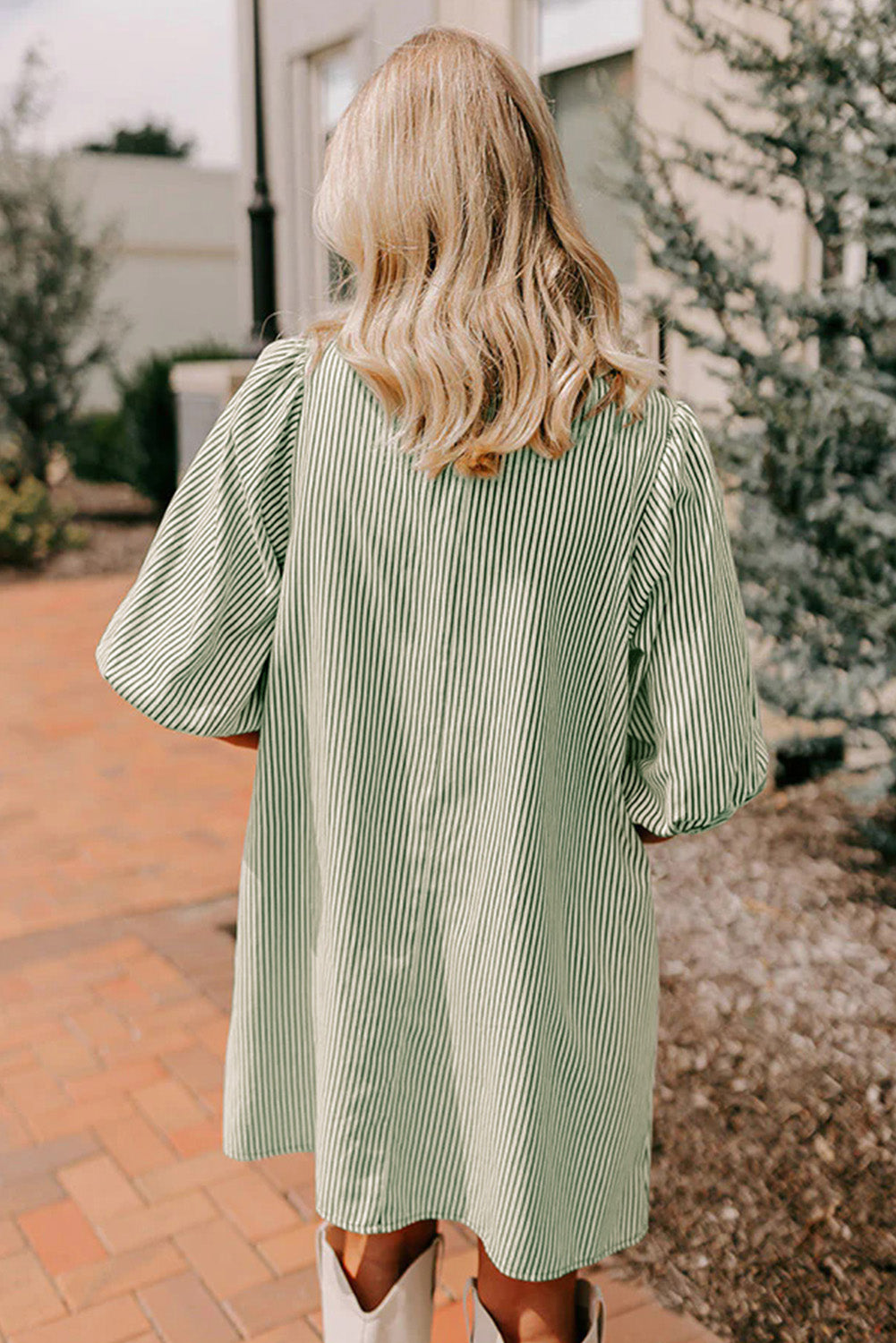 Green Stripe Color Block Patchwork Shirt Collar Button Down Puff Sleeve Mini Dress