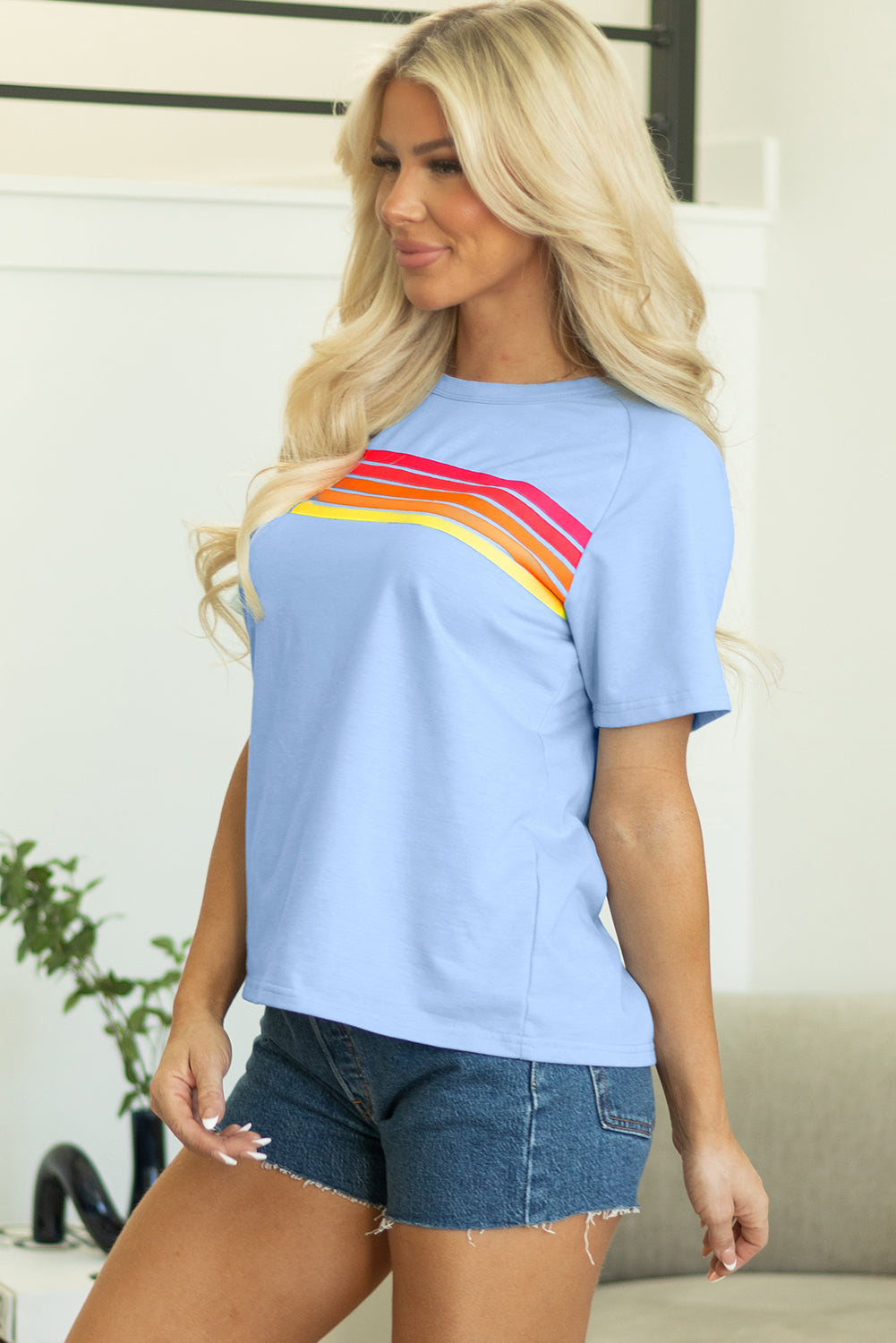 Blue Striped Patch Front Casual Tee