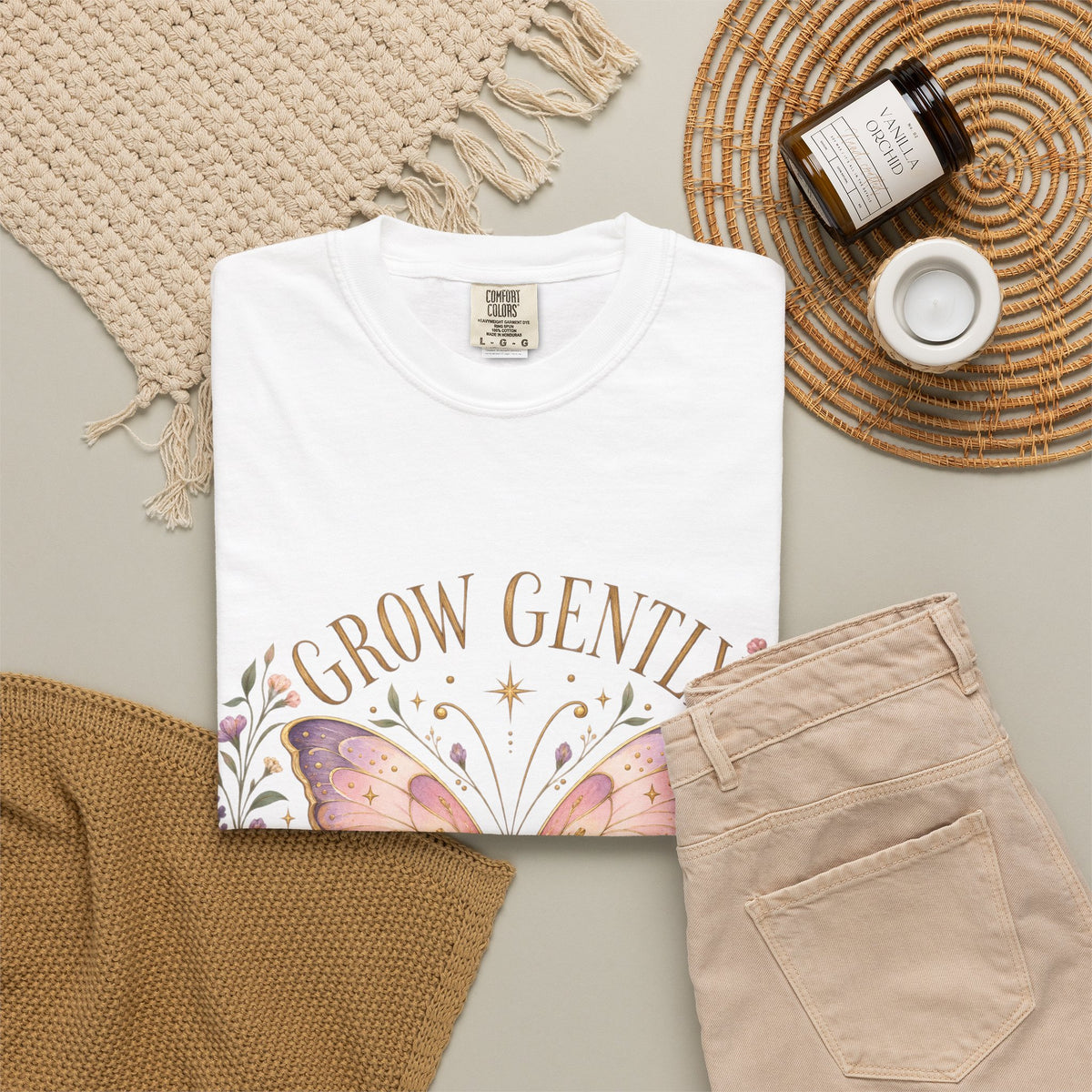 Grow Gently Bloom Brightly Butterfly Floral T-Shirt made-to-order Cotton