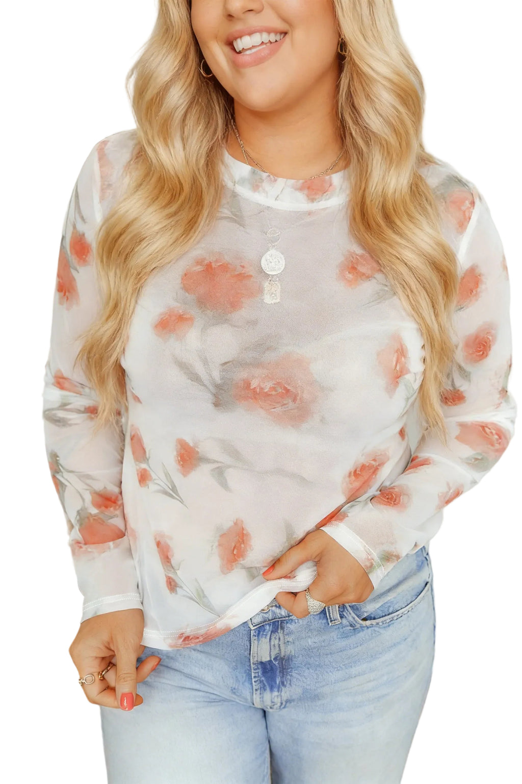 Red Plus Size Floral Print Sheer Mesh Long Sleeve Top