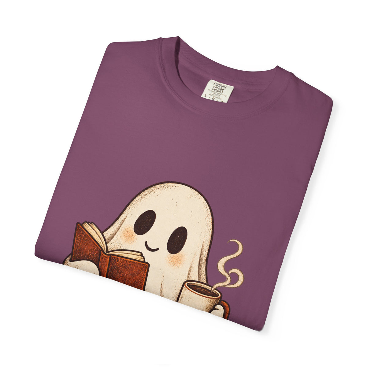 Antrezil Cozy Reading Ghost Illustration T-shirt | Autumn Book Coffee,
