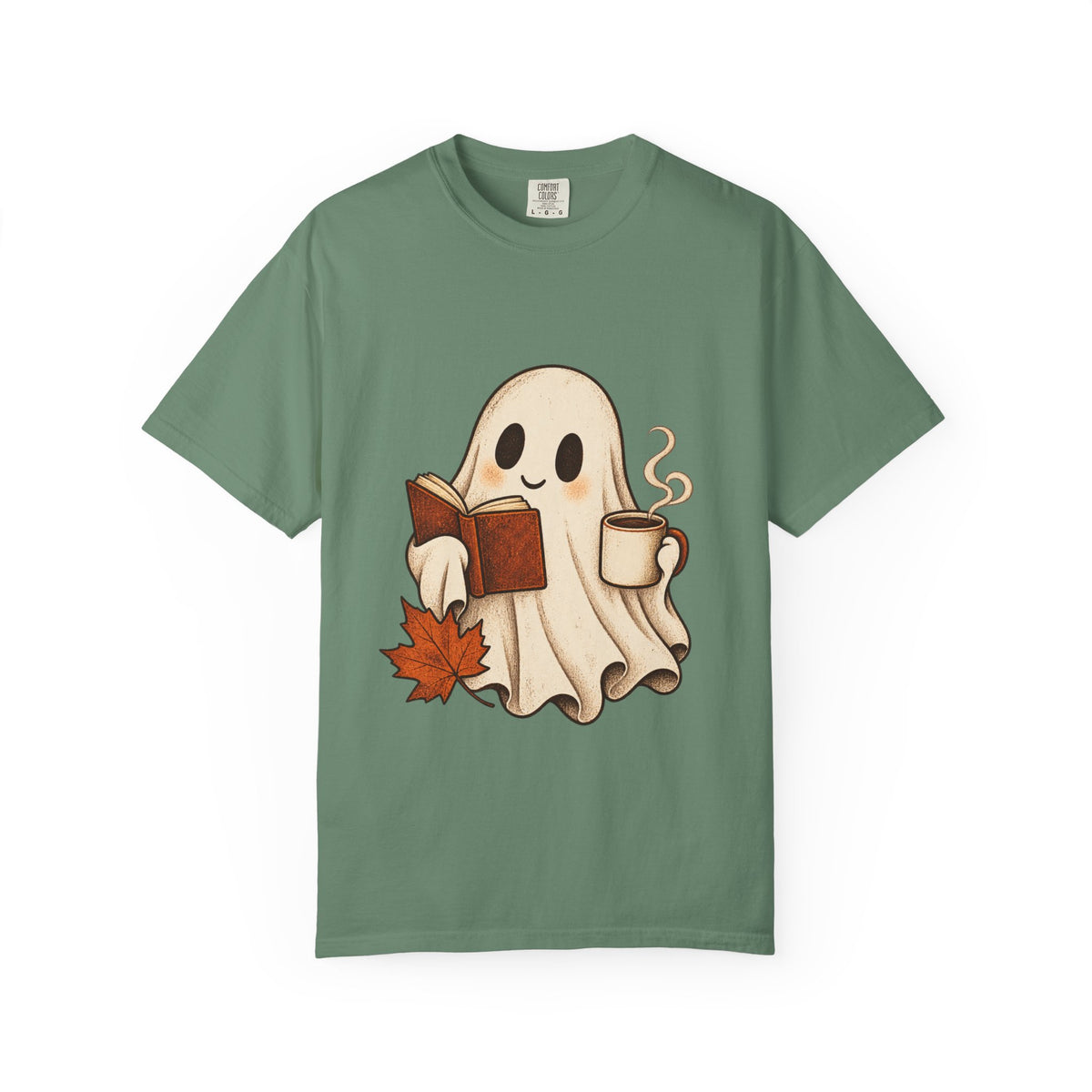 Antrezil Cozy Reading Ghost Illustration T-shirt | Autumn Book Coffee,