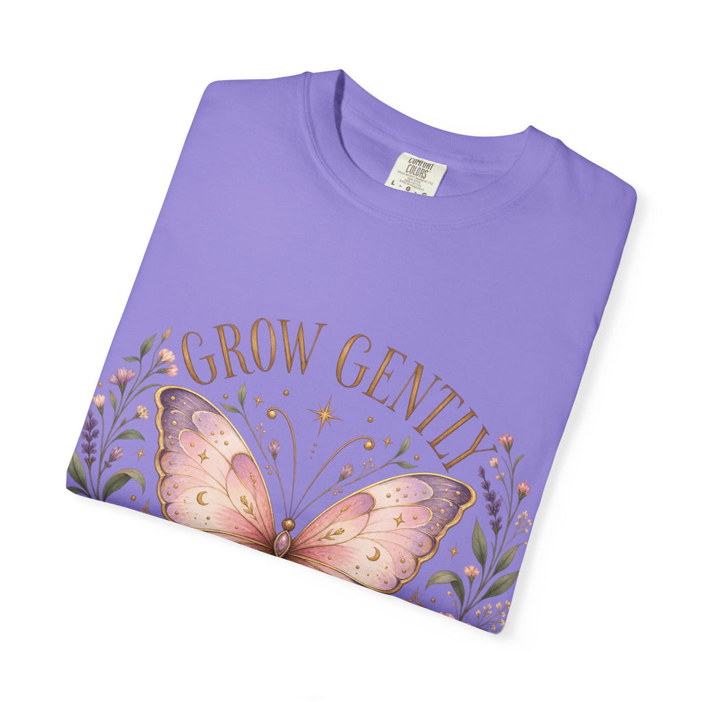 Grow Gently Bloom Brightly Butterfly Floral T-Shirt made-to-order Cotton