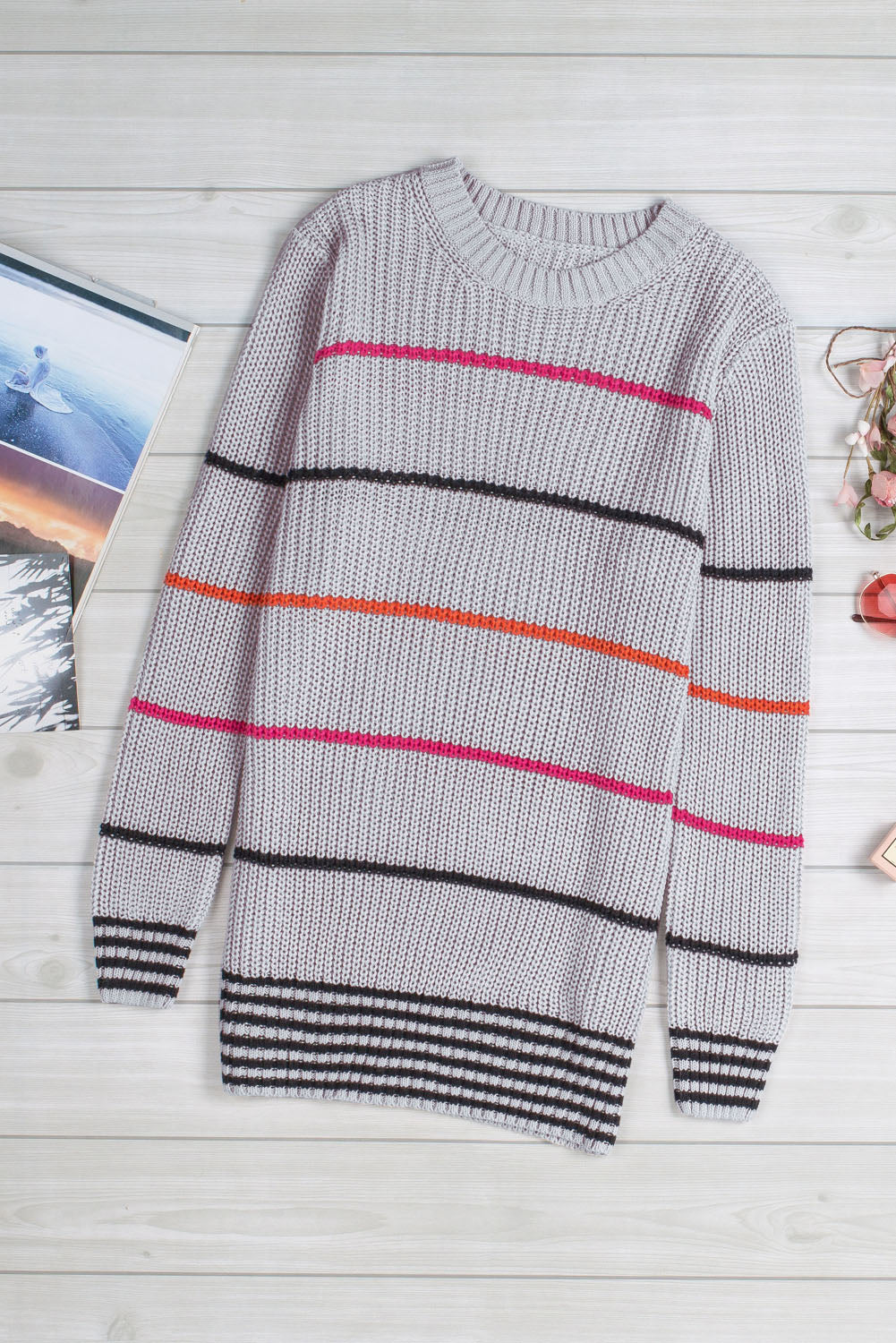 Gray Ribbed Knit Striped Sweater