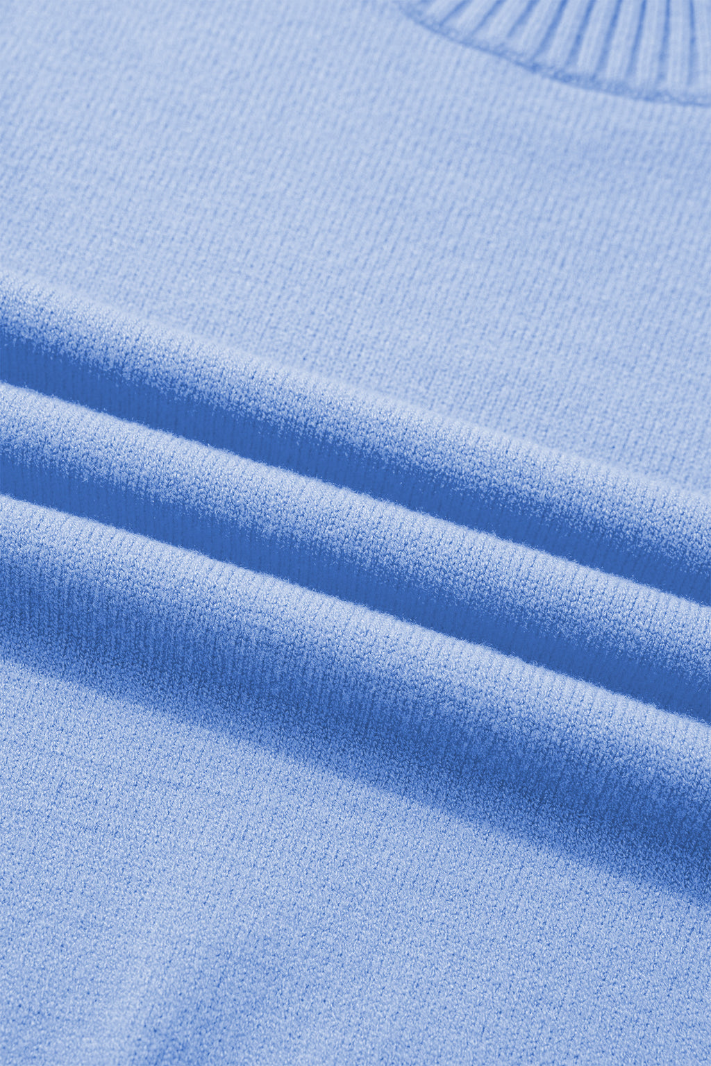 Beau Blue Solid Color Ribbed Trim Round Neck Ruffle Short Sleeve Sweater