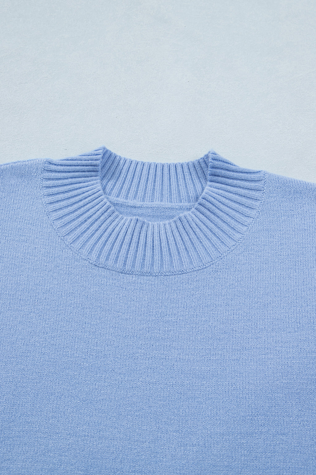 Beau Blue Solid Color Ribbed Trim Round Neck Ruffle Short Sleeve Sweater