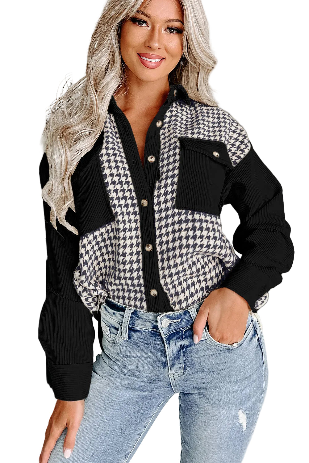 Black Houndstooth Corduroy Patchwork Flap Pocket Shacket
