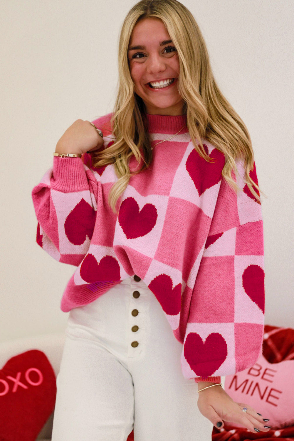 Pink Love Heart Checkered Valentine Knit Sweater