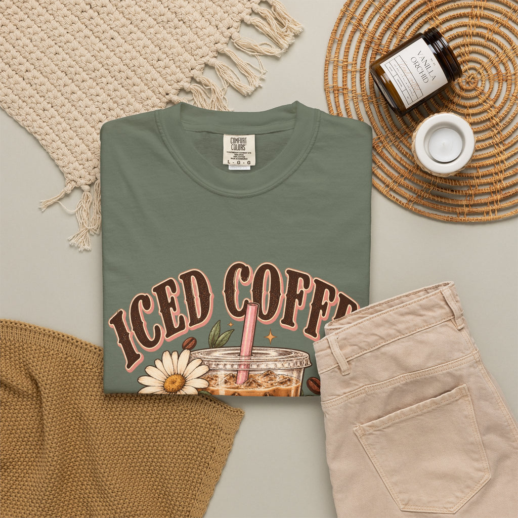 Iced Coffee Glass with Daisies T-shirt | Cute Coffee Illustration