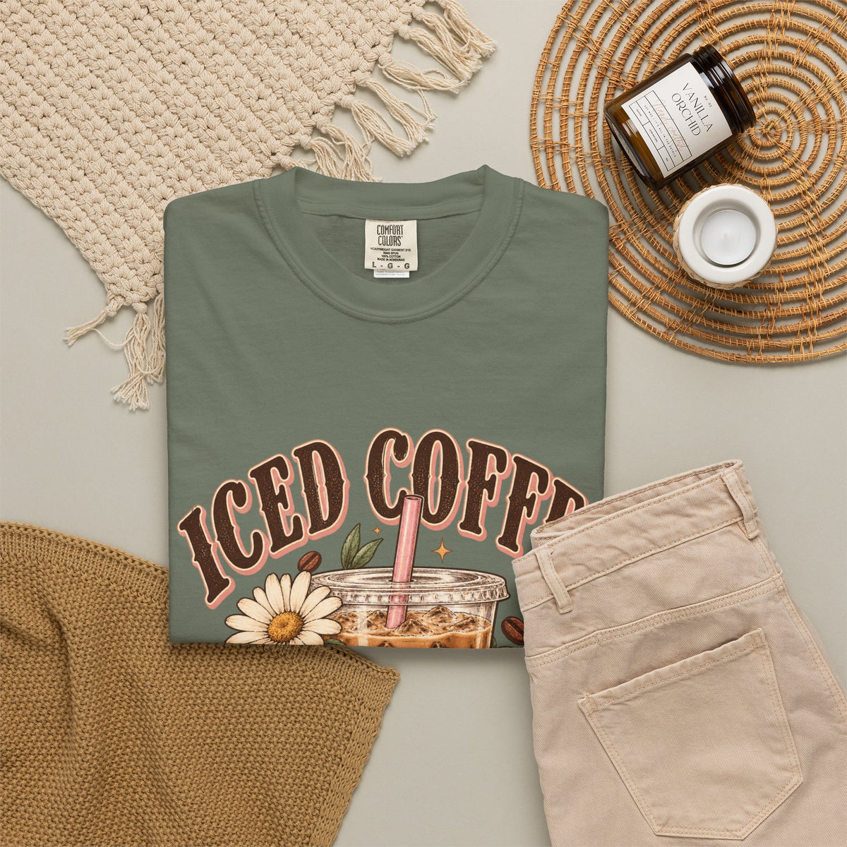 Iced Coffee Glass with Daisies T-shirt | Cute Coffee Illustration