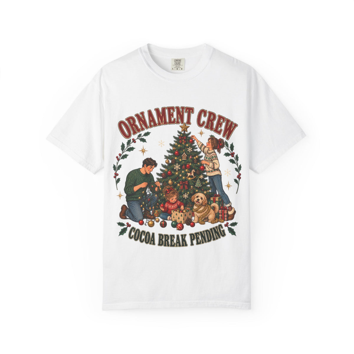 Ornament Crew Christmas Tree scene T-shirt | Cocoa Break Pending, family holiday tee
