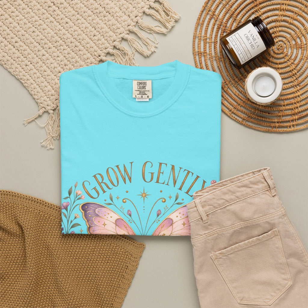 Grow Gently Bloom Brightly Butterfly Floral T-Shirt made-to-order Cotton