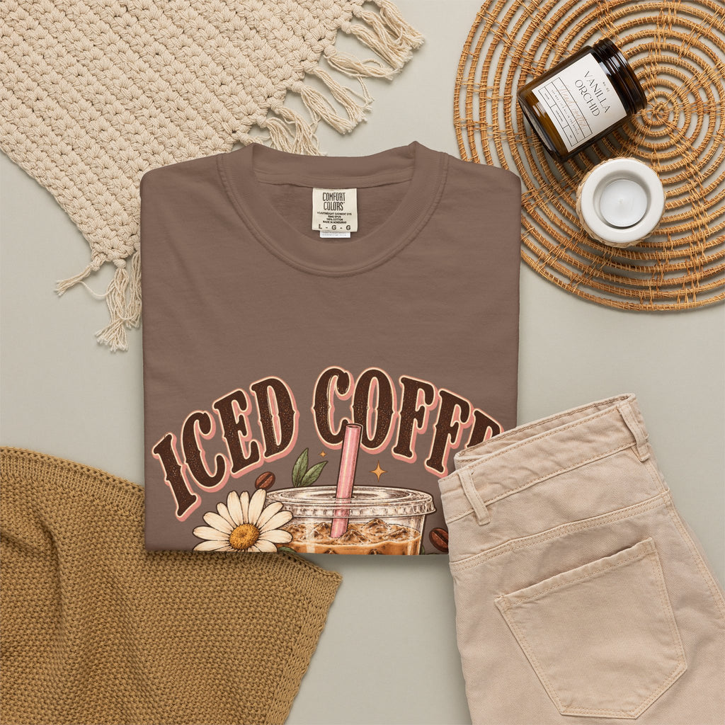 Iced Coffee Glass with Daisies T-shirt | Cute Coffee Illustration