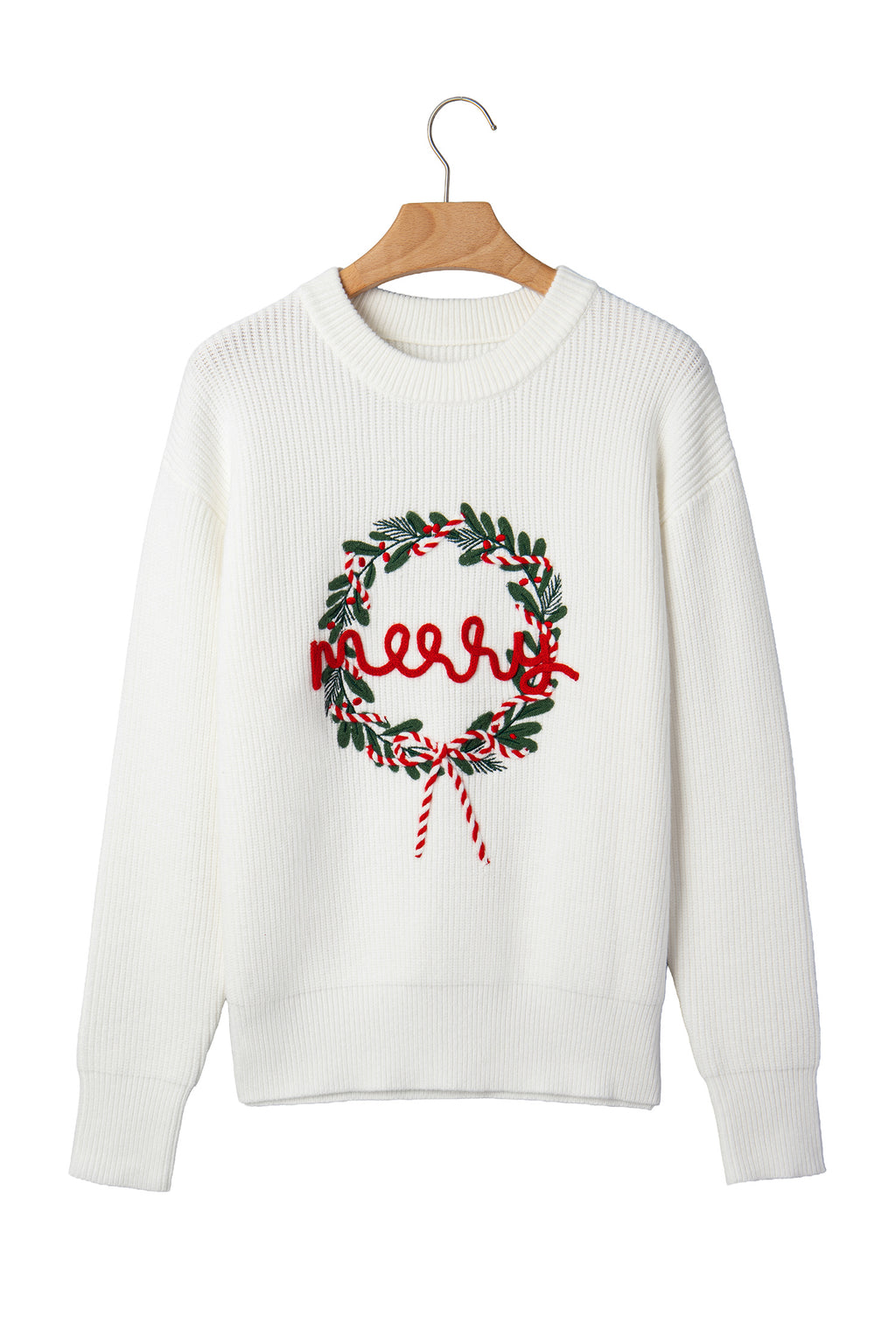 White Christmas Wreath Pattern Round Neck Casual Sweater
