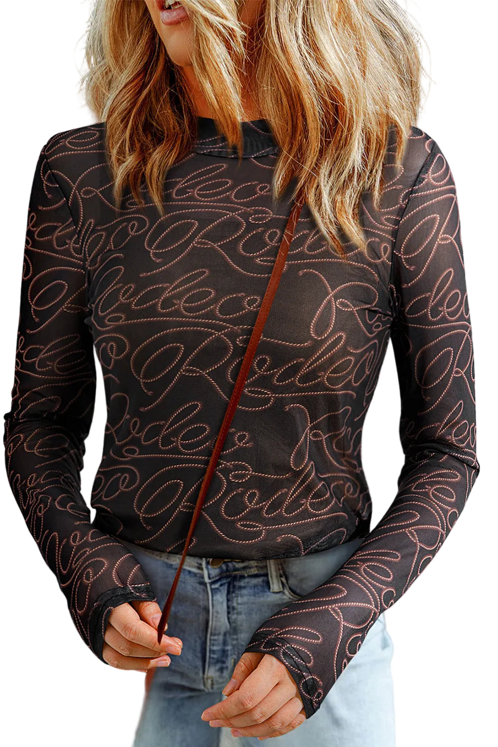 Black Western Rodeo Printed Mock Neck Long Sleeve Mesh Top