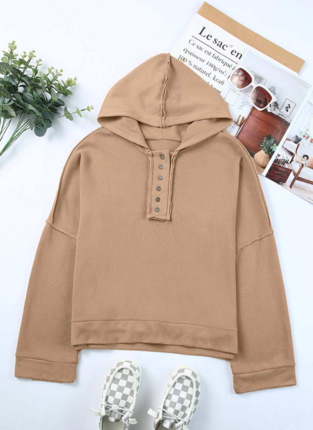 Khaki Casual Hoodie - Long Sleeve Button Seam Trim Solid Color Hooded Sweatshirt for Everyday Wear