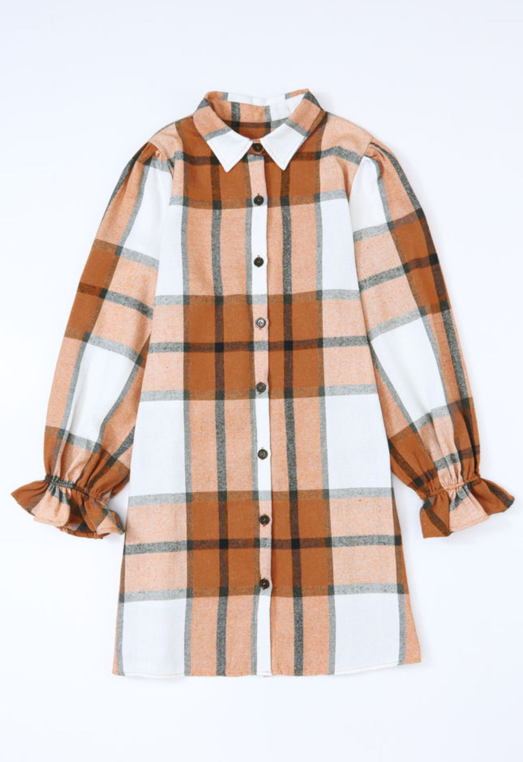Casual Plaid Mini Dress with Ruffled Sleeves, High Waist Button Detail, Daily Wear Long Sleeve