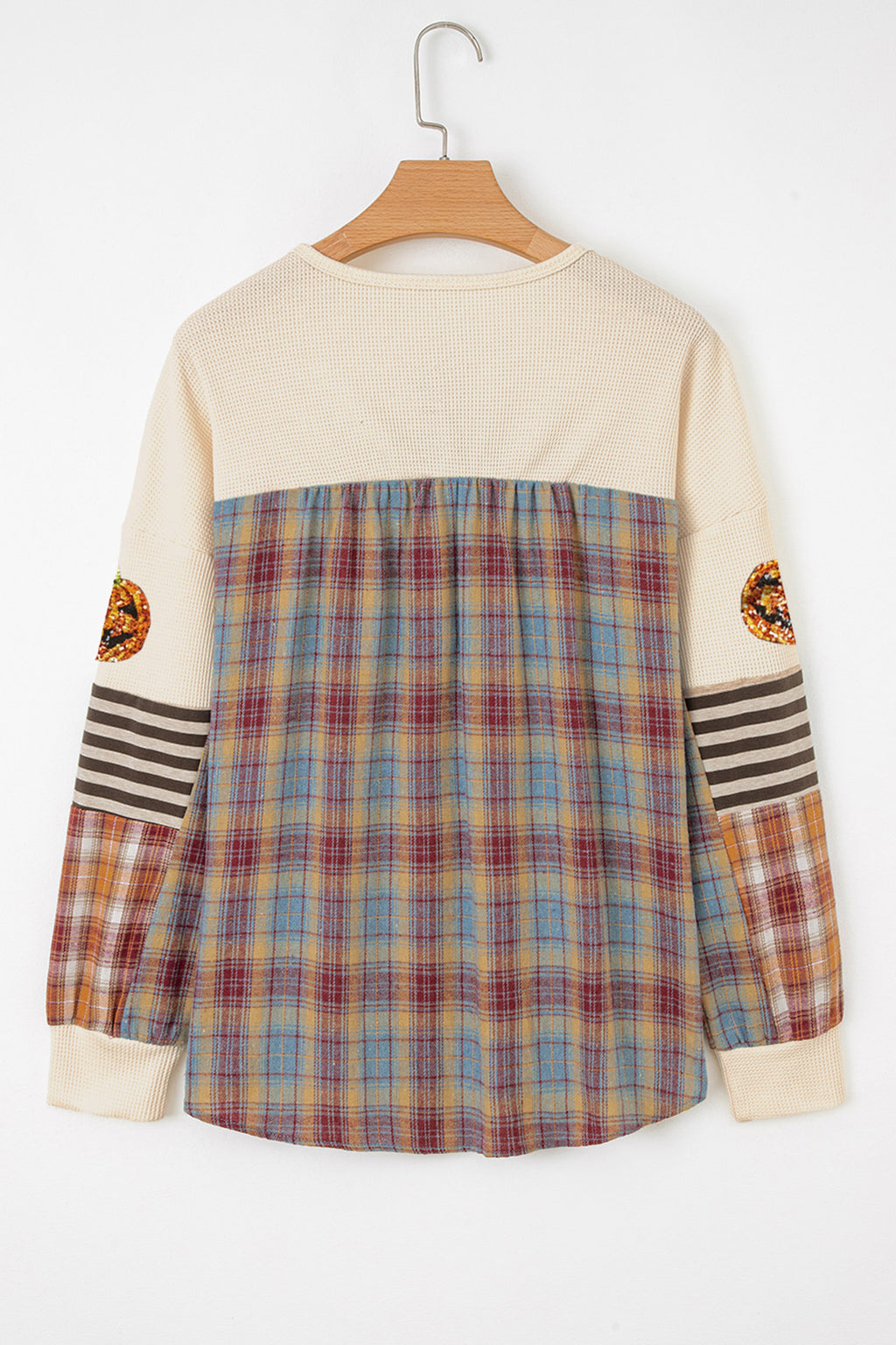 Beige Sequined Pumpkin Face Patched Henley Waffle Top