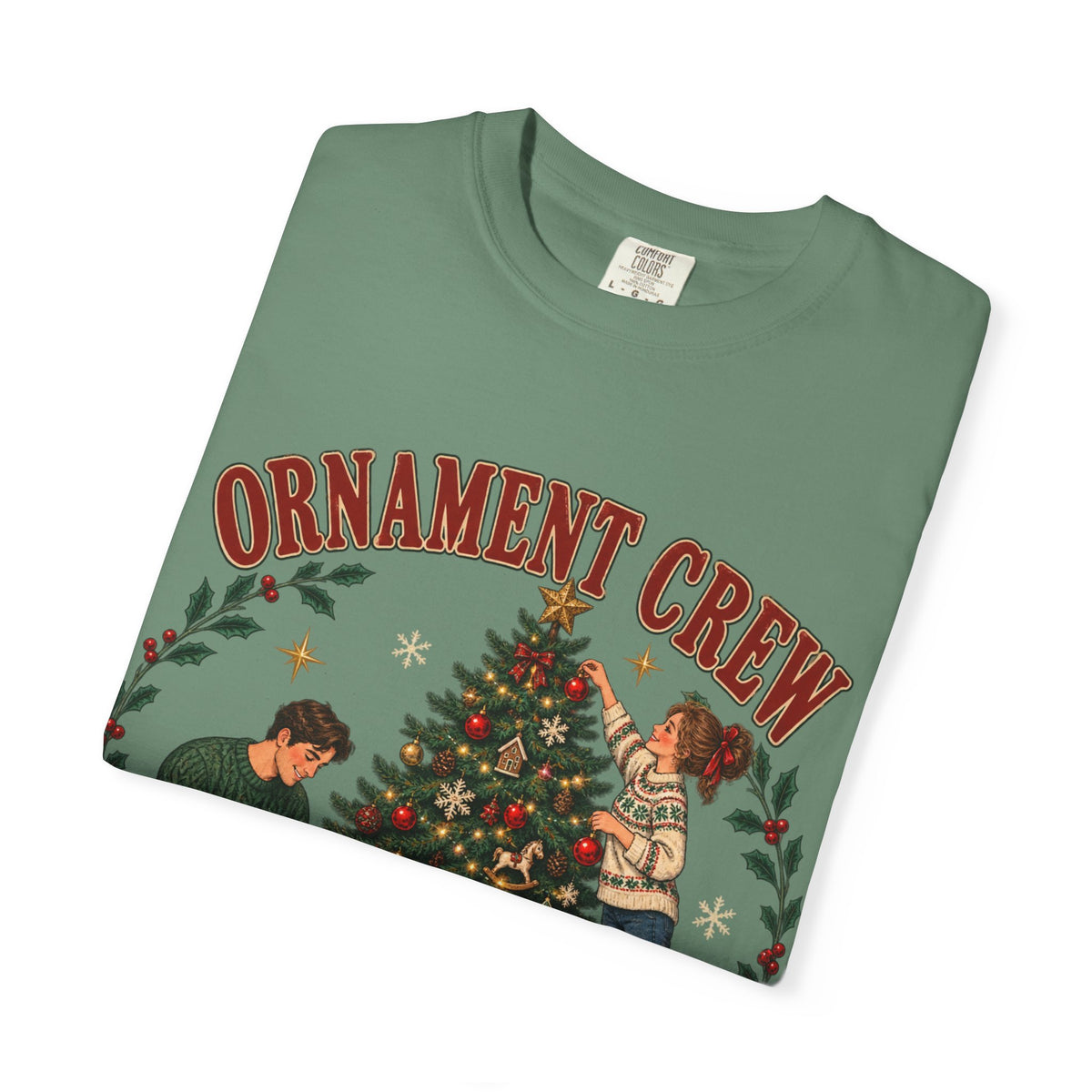 Ornament Crew Christmas Tree scene T-shirt | Cocoa Break Pending, family holiday tee