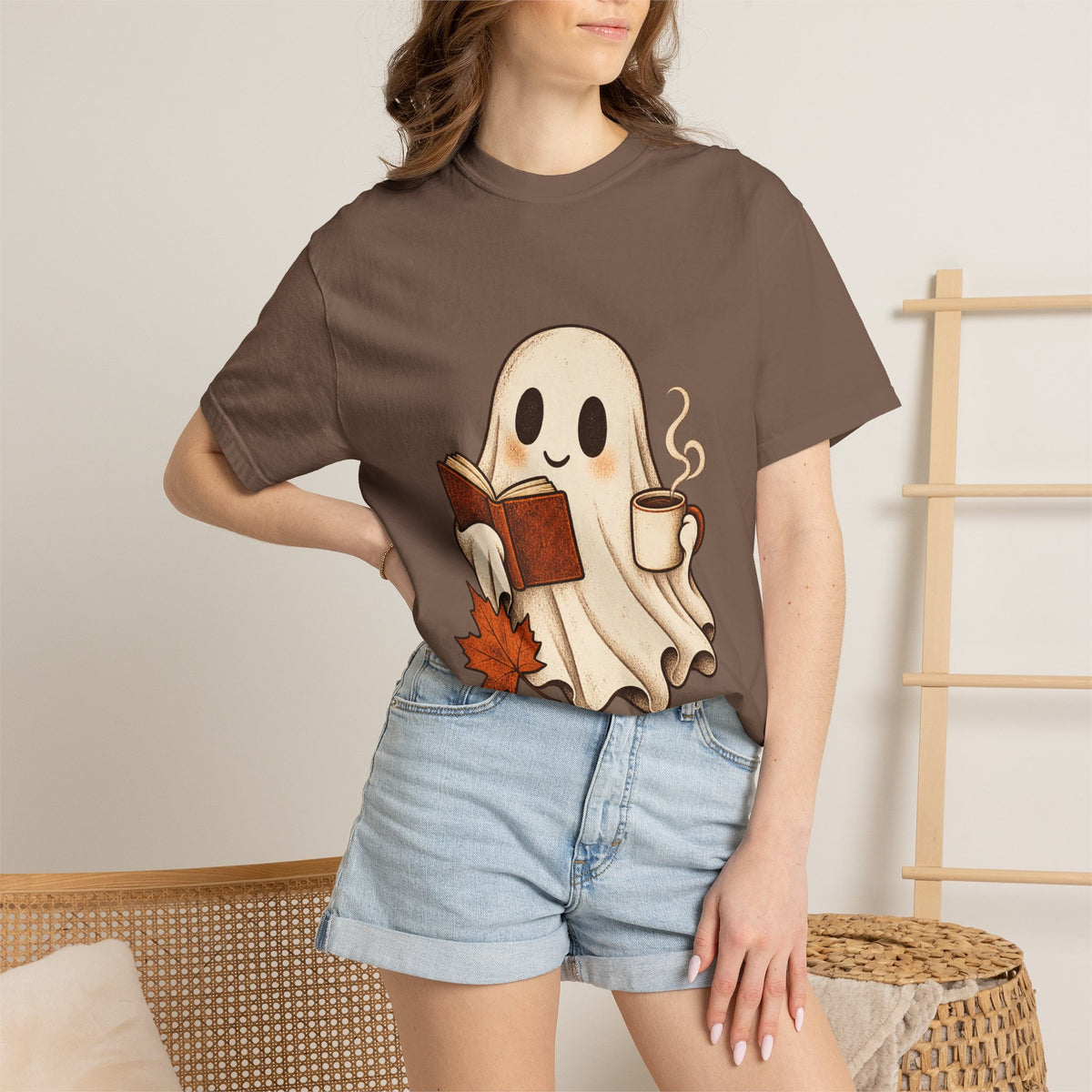 Antrezil Cozy Reading Ghost Illustration T-shirt | Autumn Book Coffee,