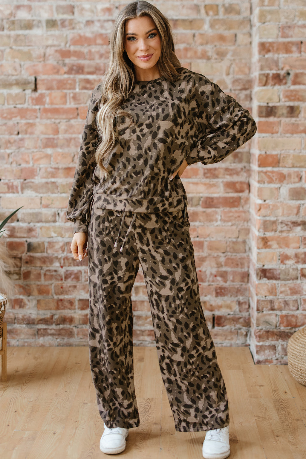Brown Leopard Print Raw Seam Patchwork Pullover Drawstring Loose Pant Set
