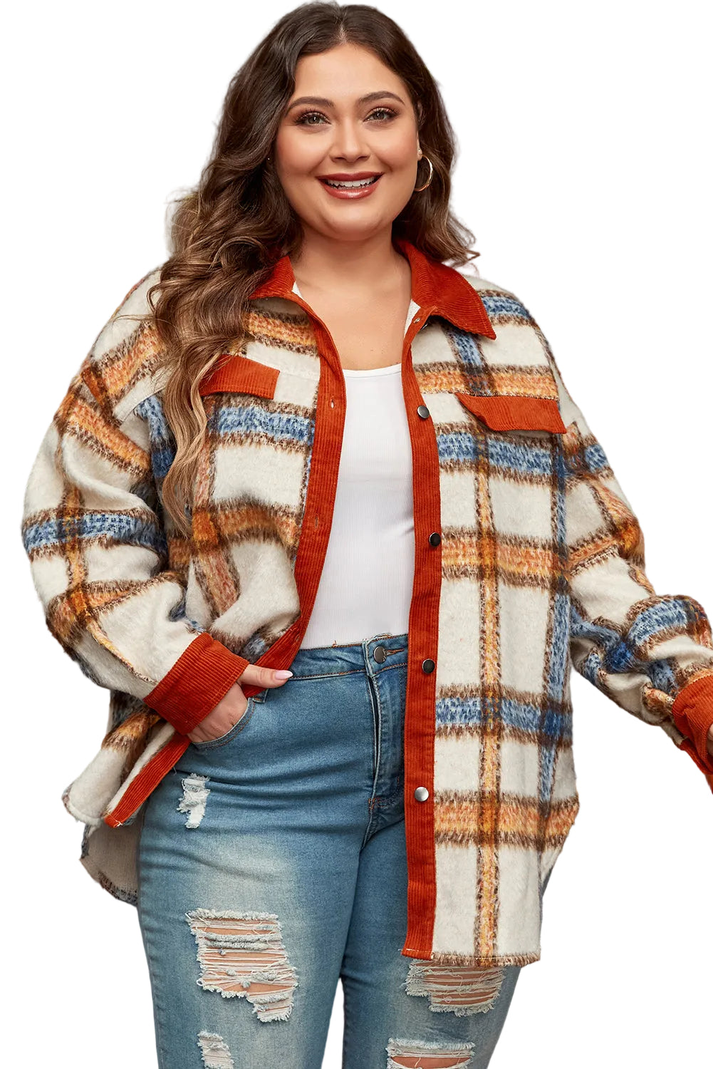 Brown Stripe Plus Size Plaid Print Collared Buttoned Jacket